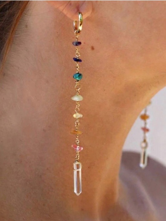 Handmade Jewelry - Gold Multistone Beaded 7 Chakra Crystal Huggie Drop Earrings- Bright Gems